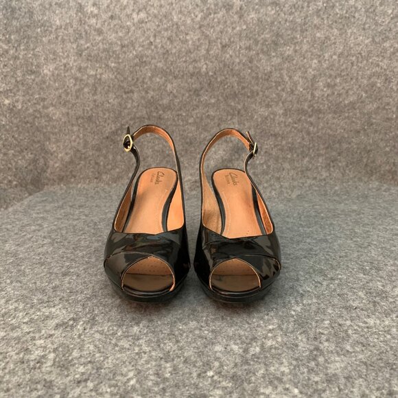Clarks Artisan Women's Patent Leather Black Shoes Sling Back Heel Peep Toe Shoes - Picture 6 of 12